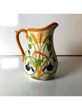 Hand Painted Ceramic Pitcher With Wheat Floral Design Vintage 6 in